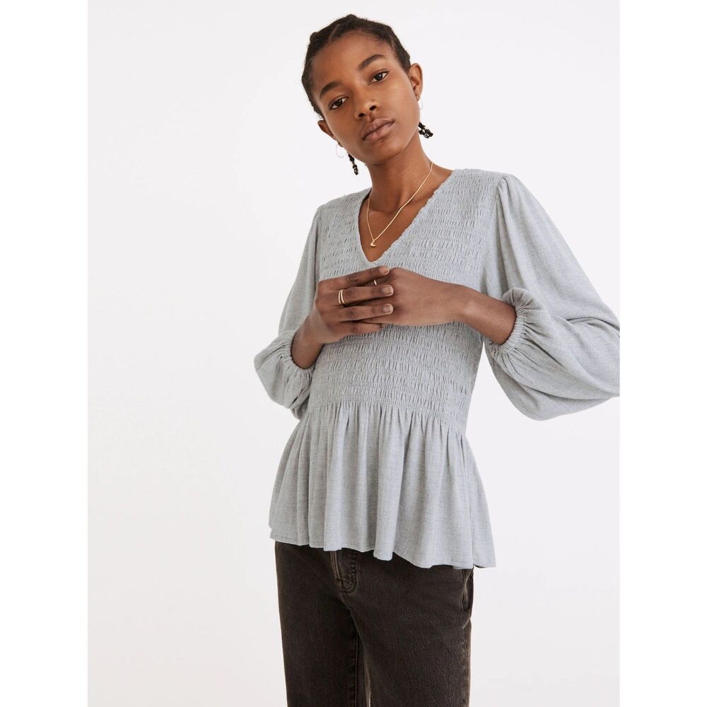 Madewell Lucie V-Neck Smocked Peplum Top Wool Gauze Heathered Grey